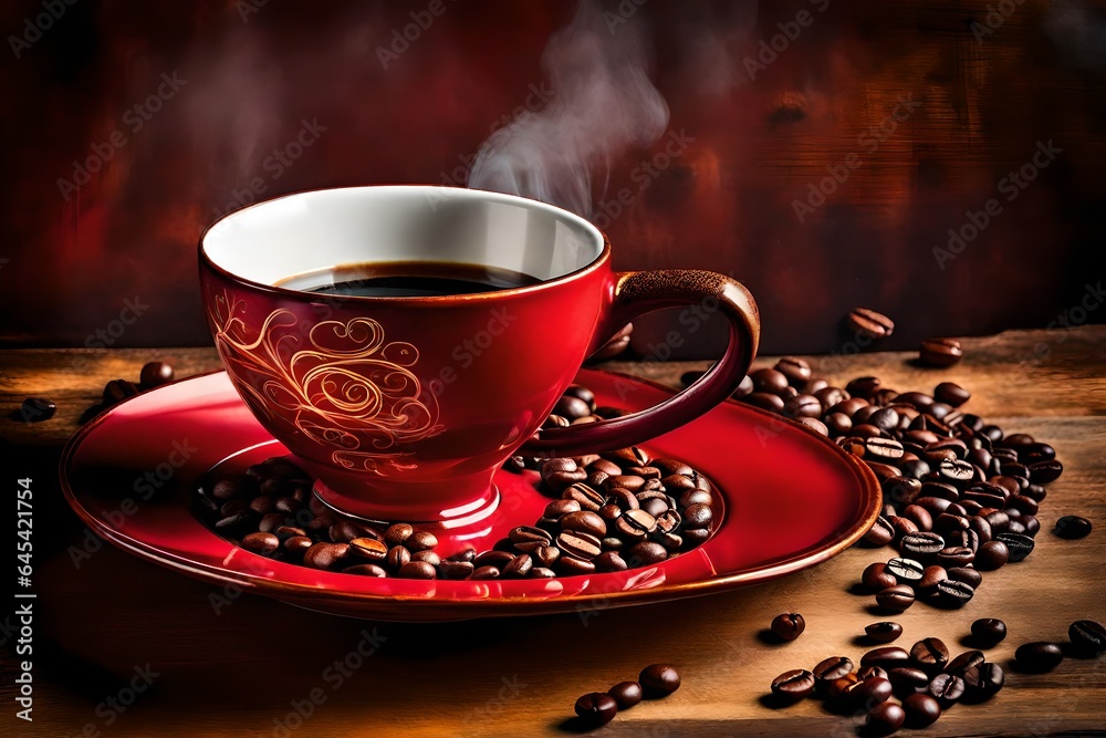 A porcelain coffee cup adorned with delicate patterns sits atop a vibrant crimson plate - AI Generative A porcelain coffee cup adorned with delicate patterns sits atop a vibrant crimson plate - AI Generative