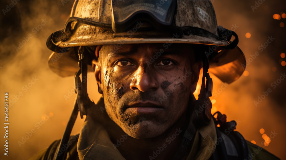 Portrait of a male firefighter in equipment against the background of a fire Portrait of a male firefighter in equipment against the background of a fire
