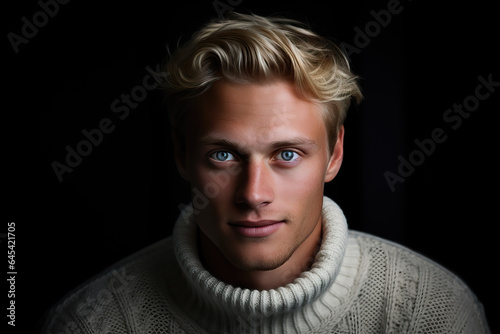 portrait of young handsome man with blond hair on black background, ai generated
