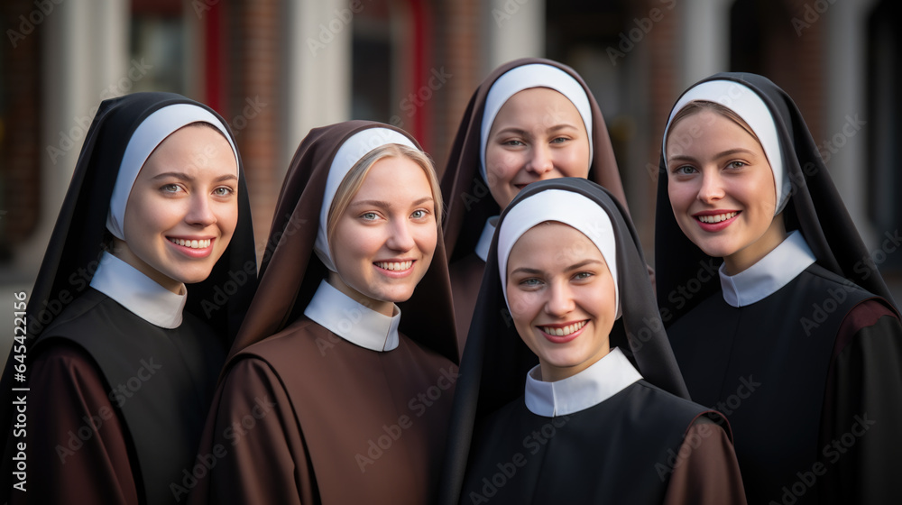 Portrait of a group of nuns against the background of a church Portrait of a group of nuns against the background of a church