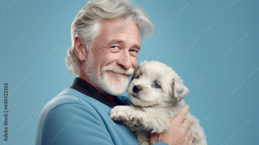 Senior Man Cuddling a Puppy on Pastel Blue Background. Senior Man Cuddling a Puppy on Pastel Blue Background.