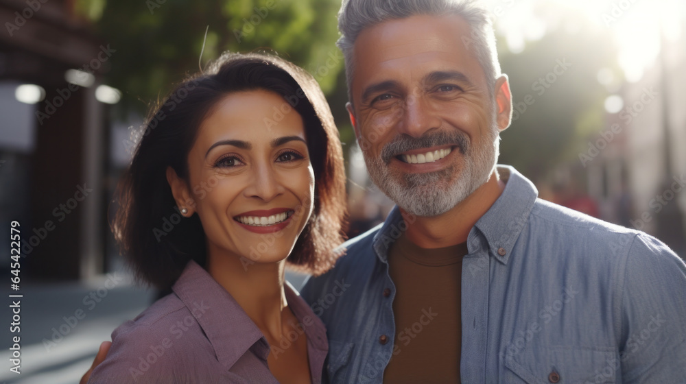 Lively Hispanic Middle-Aged Couple in Casual Attire, Sporting Radiant Smiles: Happiness Personified. Lively Hispanic Middle-Aged Couple in Casual Attire, Sporting Radiant Smiles: Happiness Personified.