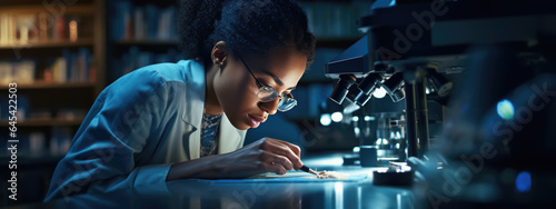 Modern Medical Research Laboratory: Portrait of Female Scientist Using Microscope, Analysis Information.