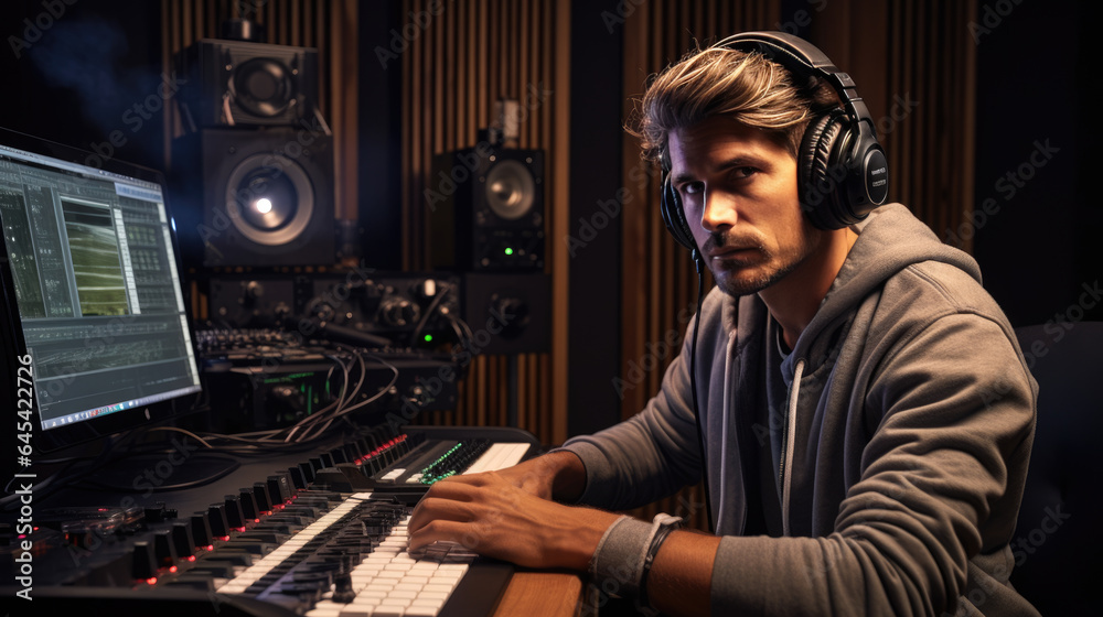 Portrait of Audio Engineer Working in Music Recording Studio, Uses Mixing Board Create Modern Sound. Portrait of Audio Engineer Working in Music Recording Studio, Uses Mixing Board Create Modern Sound.