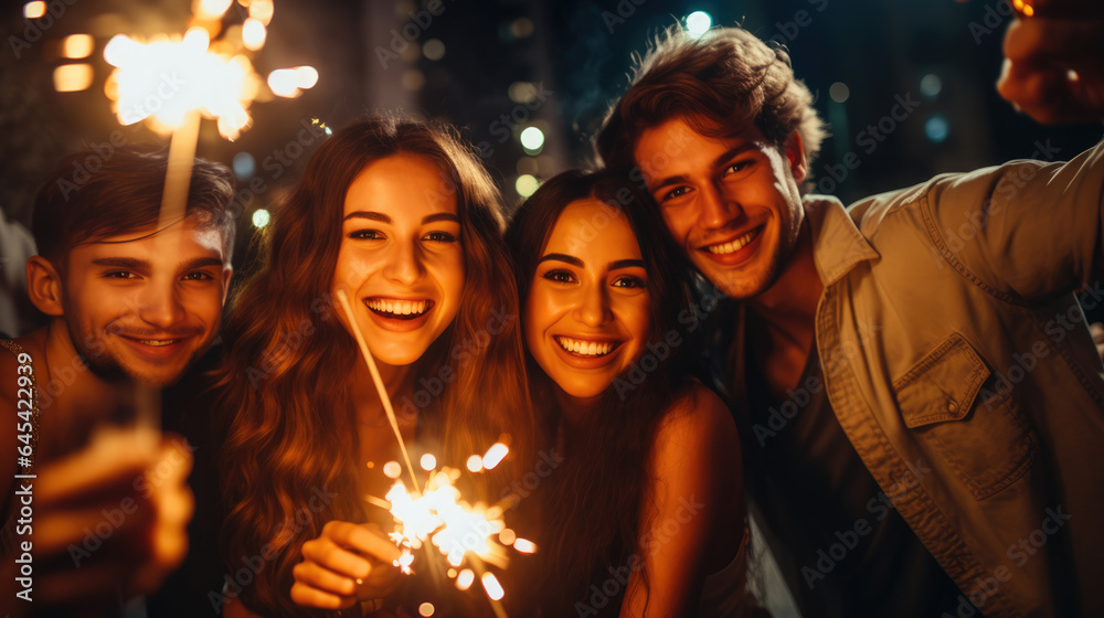 Party with friends. Group of cheerful young people carrying sparklers and champagne flutes
