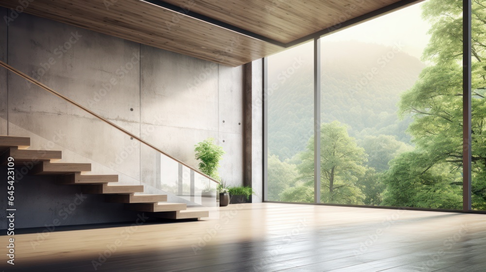 Interior of loft style room in luxury villa. Empty concrete walls, wooden floor, wooden staircase, houseplant, panoramic window with garden view. Contemporary home design. Mockup, 3D rendering. Interior of loft style room in luxury villa. Empty concrete walls, wooden floor, wooden staircase, houseplant, panoramic window with garden view. Contemporary home design. Mockup, 3D rendering.