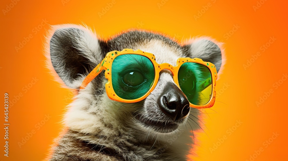  a close up of a small animal wearing sunglasses with a yellow background.  generative ai