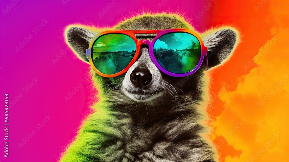  a raccoon with sunglasses on its head and a sky background.  generative ai