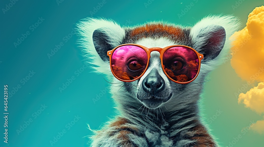  a picture of a lemurt wearing sunglasses and a sky background.  generative ai