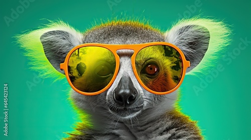  a small animal with sunglasses on it s head and a green background.  generative ai
