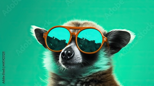  a small animal wearing a pair of orange sunglasses on its head. generative ai