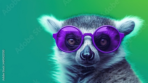  a small animal wearing purple sunglasses on a green background with a green background. generative ai
