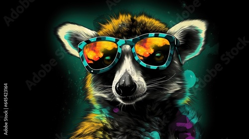  a raccoon wearing sunglasses and a tie with a black background. generative ai