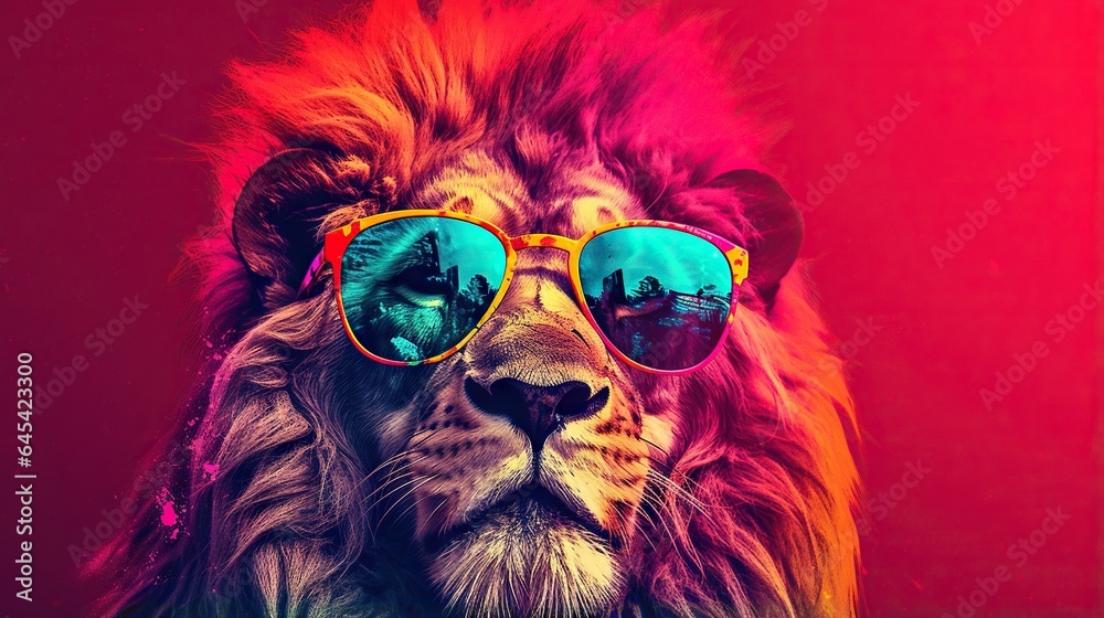  a lion wearing sunglasses with a red background and a red background.  generative ai