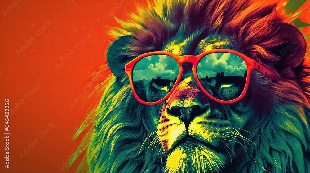  a lion wearing red sunglasses and a red background with clouds.  generative ai