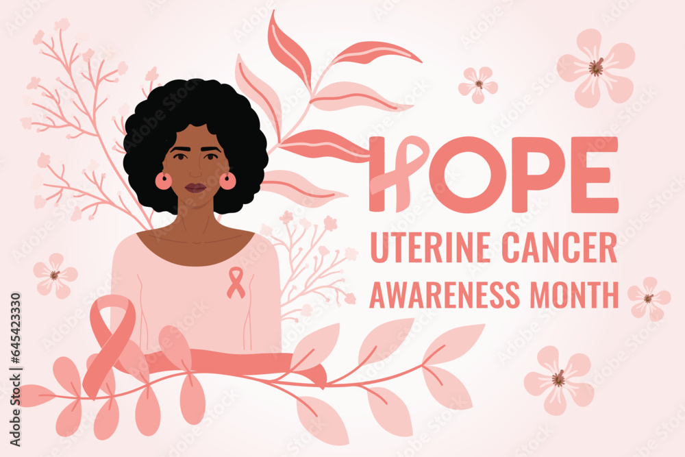 Uterine Cancer Awareness Month. Hope phrase. Black woman with flowers and peach ribbon on her chest. Cancer prevention and women health care support illustration Uterine Cancer Awareness Month. Hope phrase. Black woman with flowers and peach ribbon on her chest. Cancer prevention and women health care support illustration