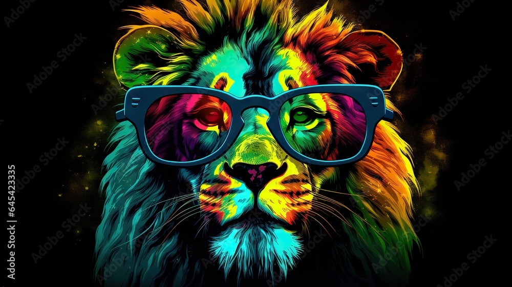 a lion wearing glasses with a black background and a splash of paint.  generative ai