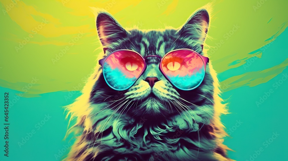  a cat with red glasses and a green and blue background.  generative ai