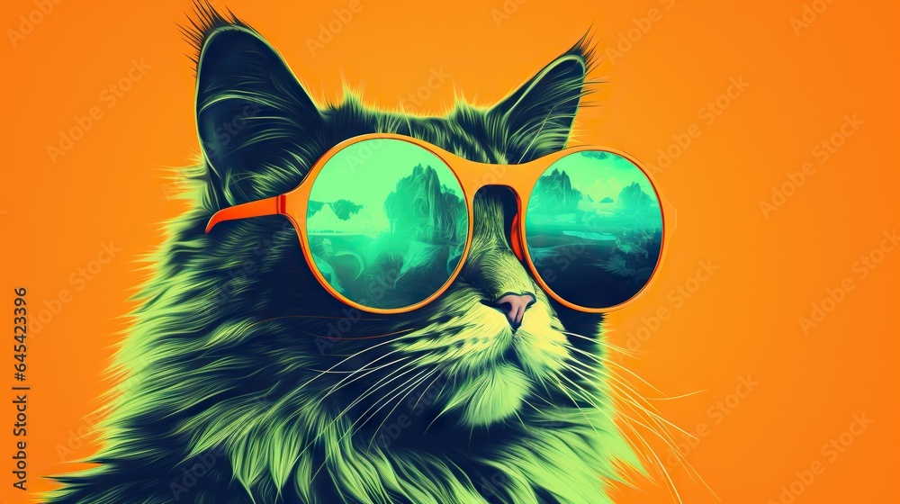  a cat wearing sunglasses with a sky in the back ground.  generative ai
