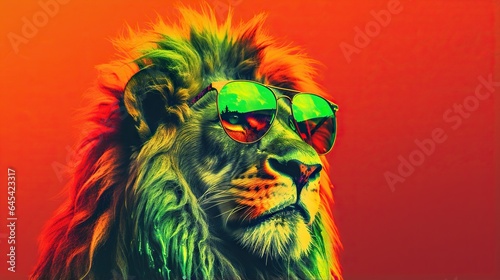  a lion wearing sunglasses and a green hat with a red background.  generative ai