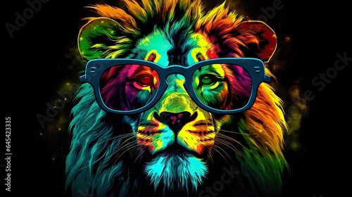  a lion wearing glasses with a black background and a splash of paint.  generative ai