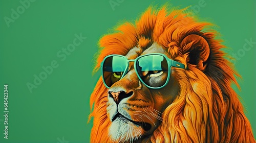  a lion with sunglasses on its face and a green background.  generative ai