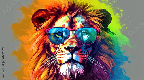  a lion wearing sunglasses and a tie on a gray background. generative ai