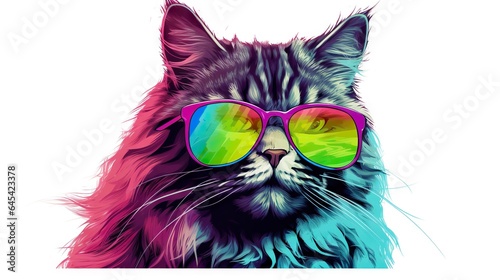  a cat with sunglasses on its face and a white background.  generative ai