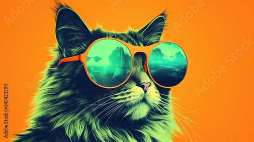  a cat wearing sunglasses with a sky in the back ground. generative ai
