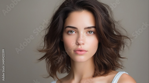 Portrait of a young woman with natural makeup and natural styling.