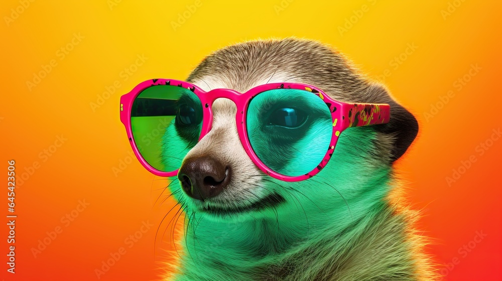  a meerkat wearing pink sunglasses and a green background.  generative ai