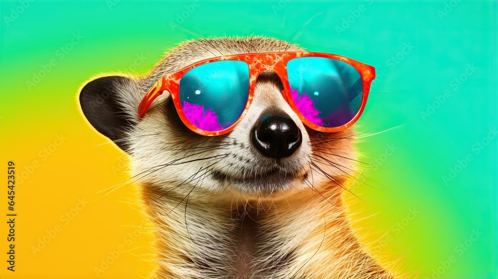  a close up of a animal wearing sunglasses with a colorful background.  generative ai