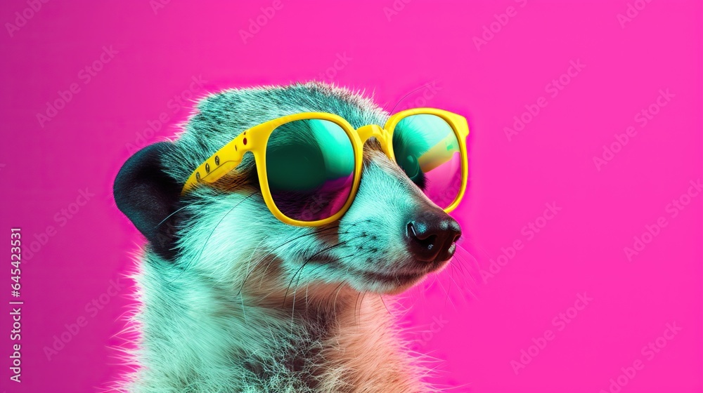  a meerkat wearing yellow sunglasses on a pink background.  generative ai
