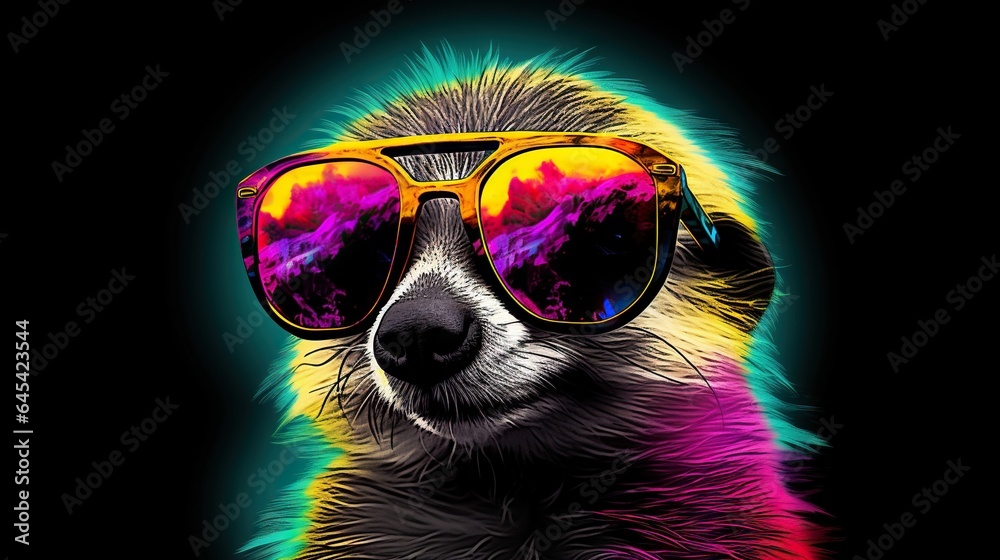  a dog wearing sunglasses and a tie dye shirt with a black background.  generative ai