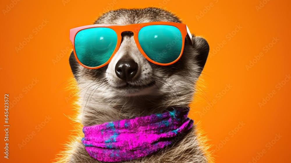  a raccoon wearing sunglasses and a scarf on an orange background.  generative ai