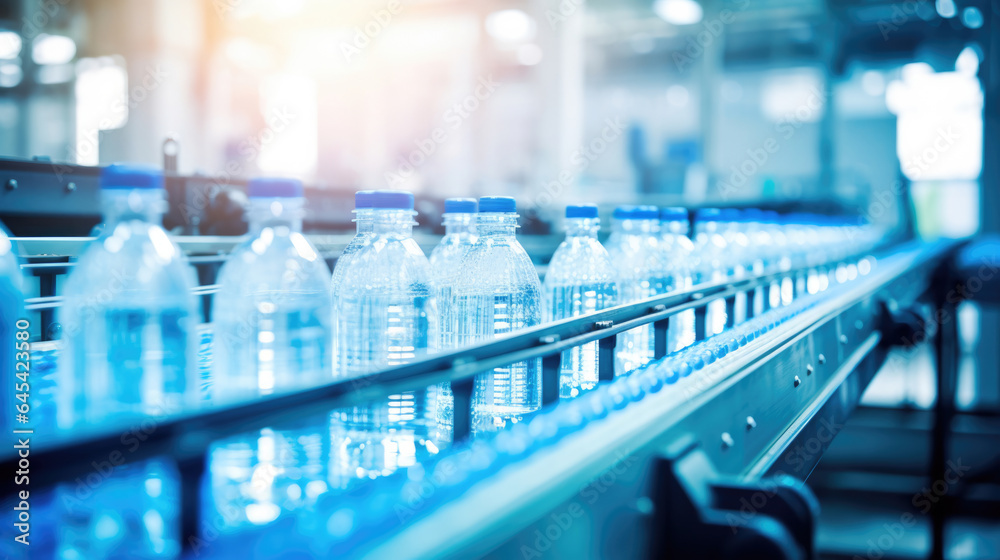Line of bottling beverages in plastic bottles on clean light factory