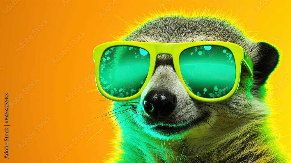  a close up of a raccoon wearing green sunglasses.  generative ai