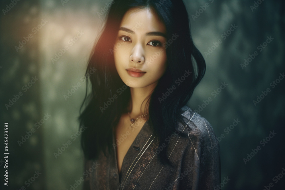 A stunning portrait of a smiling Asian woman radiating confidence and natural beauty.