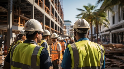 Construction engineer talking to workers at building construction site © MBRAMO