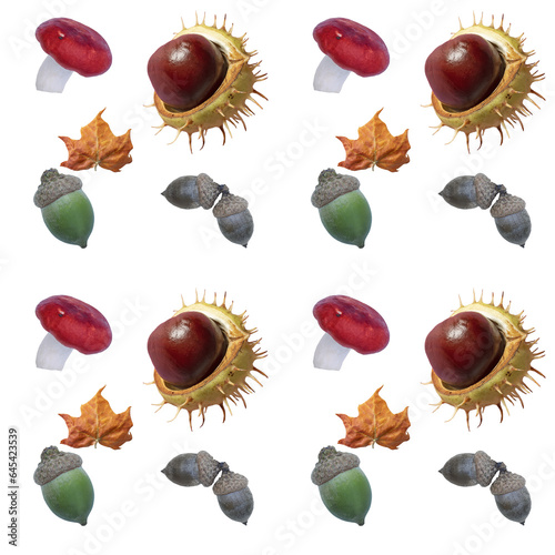 Autumn patern of acorns, chestnut, russula mushroom, red leaf. Isolate on white. option available PNG