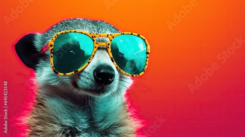  a raccoon wearing a pair of sunglasses with a red background. generative ai