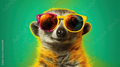  a meerkat wearing yellow sunglasses and a green background. generative ai