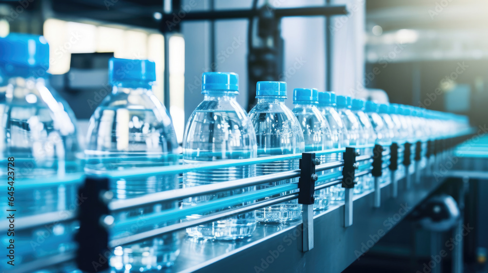 Line of bottling beverages in plastic bottles on clean light factory Line of bottling beverages in plastic bottles on clean light factory
