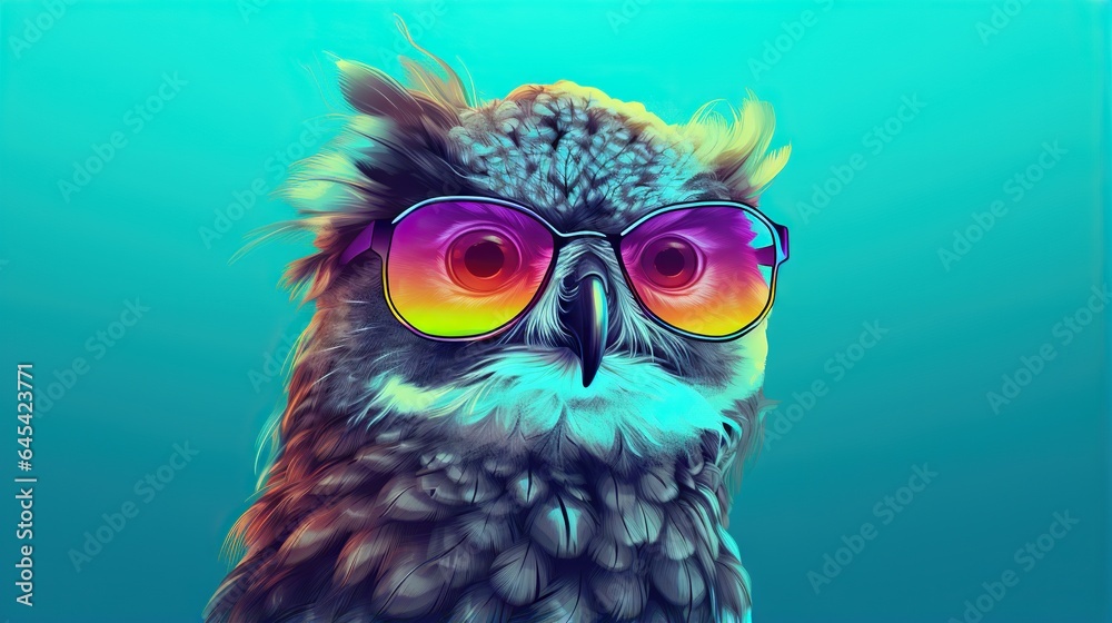  an owl with sunglasses on its head and a blue background.  generative ai