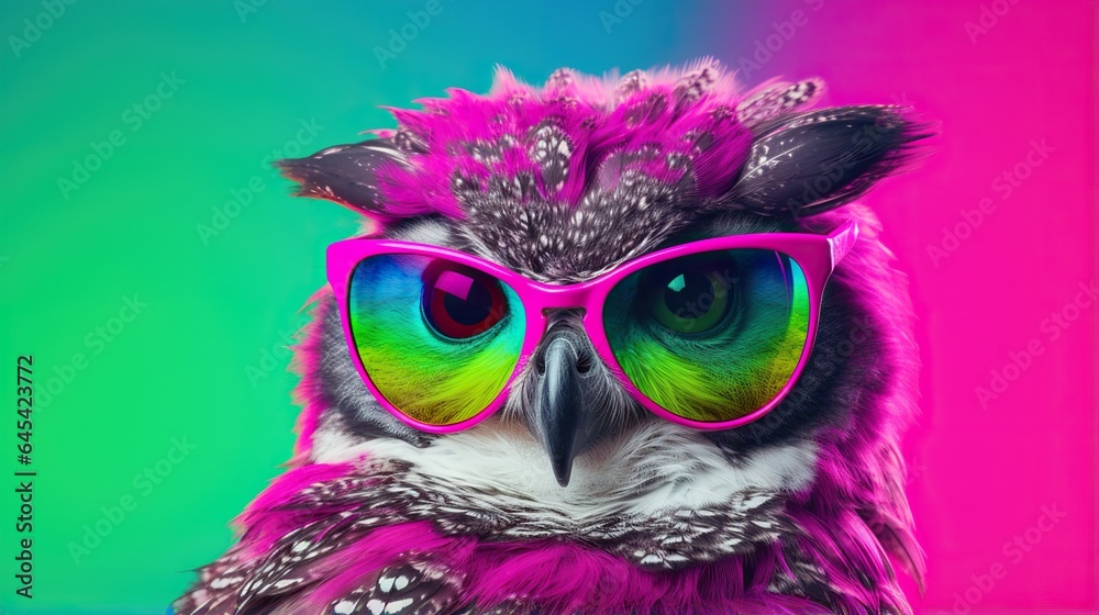  a colorful owl wearing pink sunglasses with a green and pink background.  generative ai
