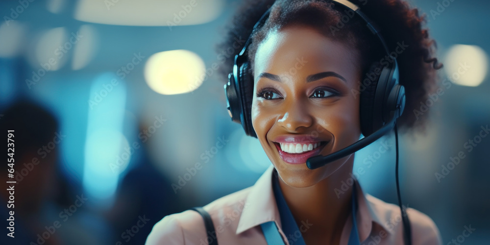 Cheerful black woman customer support representative ready to assist.