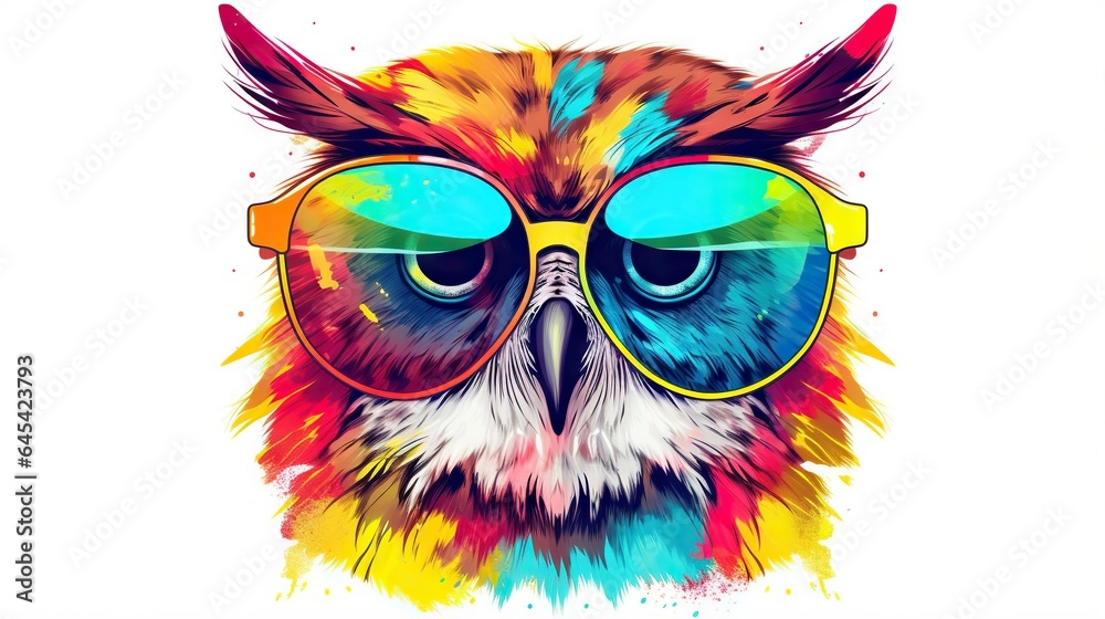  a colorful owl wearing sunglasses with horns on it's head.  generative ai