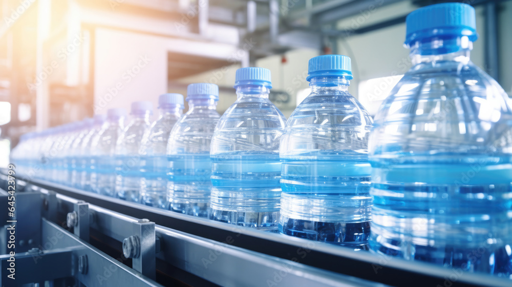 Line of bottling beverages in plastic bottles on clean light factory Line of bottling beverages in plastic bottles on clean light factory