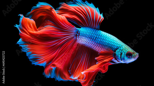 Capture the moving moment of red blue siamese fighting fish on black background.