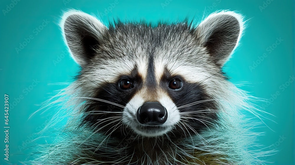  a close up of a raccoon with a blue background.  generative ai